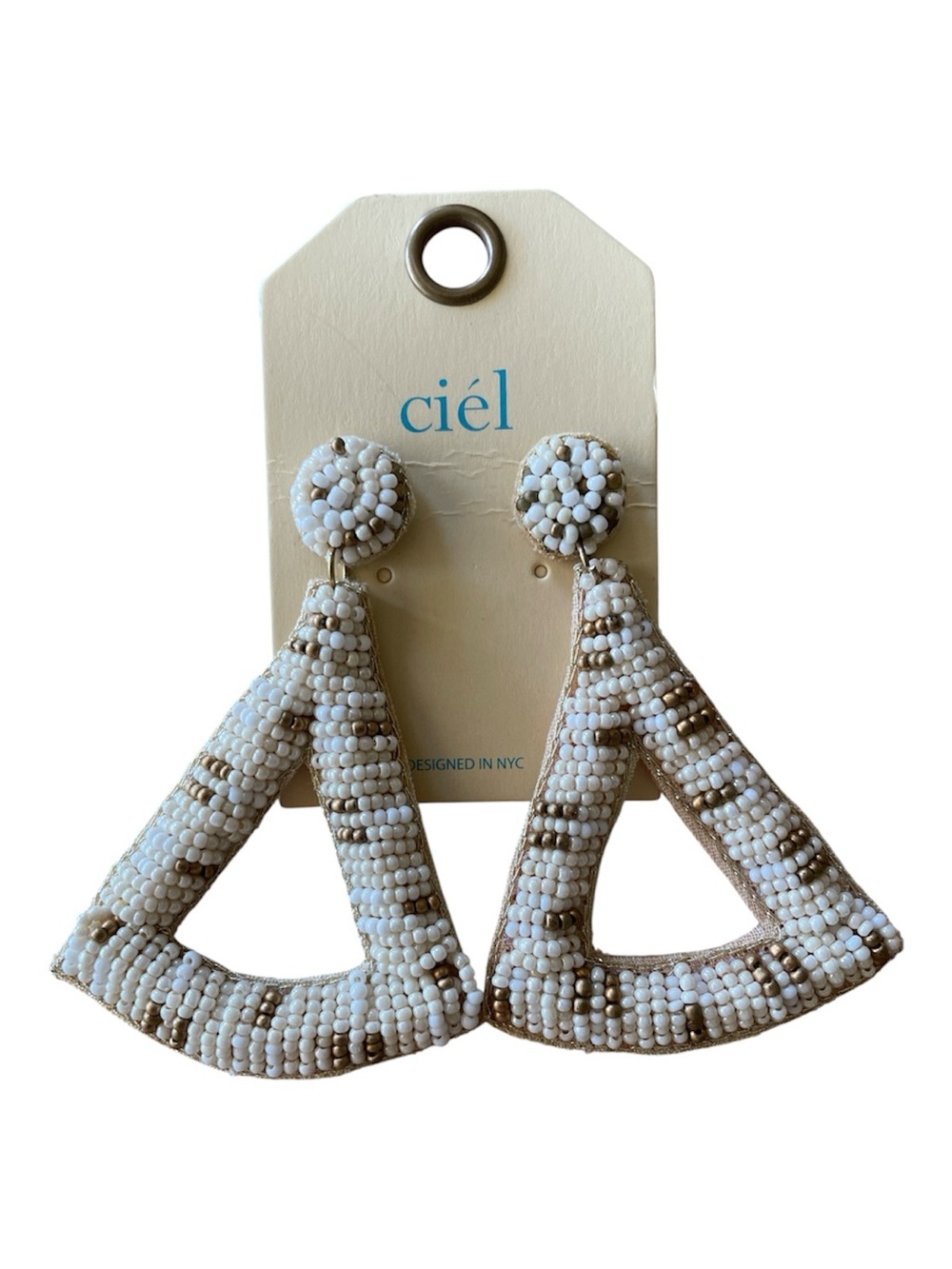 Ciel White & Gold Beaded Triangle Drop Earrings